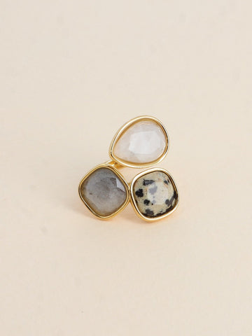 Bague Idrissa - Agate blanche, Jaspe dalmatien et Labradorite