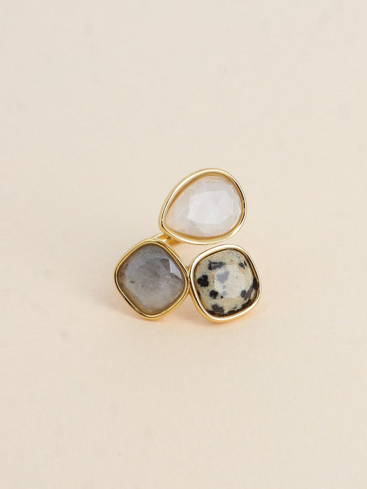 Bague Idrissa - Agate blanche, Jaspe dalmatien et Labradorite