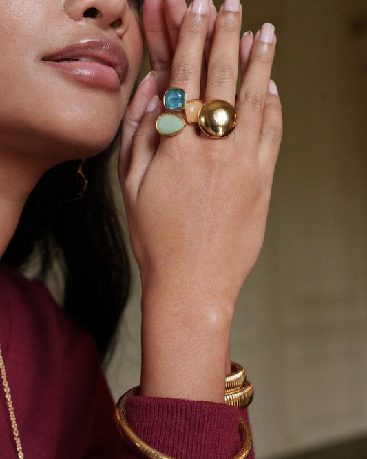 Bague Idrissa - Agate blanche, Jaspe dalmatien et Labradorite