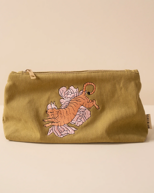 Pochette Tigre en velours côtelé olive