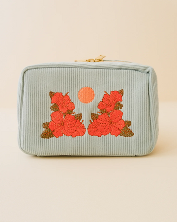 Trousse à maquillage en velours côtelé Fleurs, bleu ciel