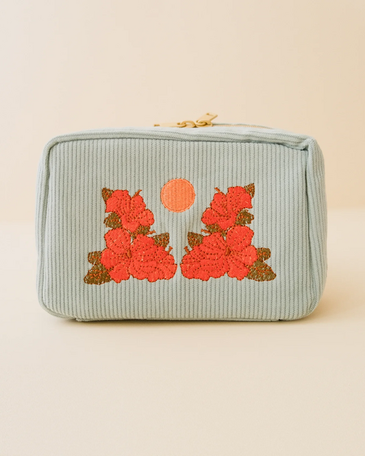 Trousse à maquillage en velours côtelé Fleurs, bleu ciel