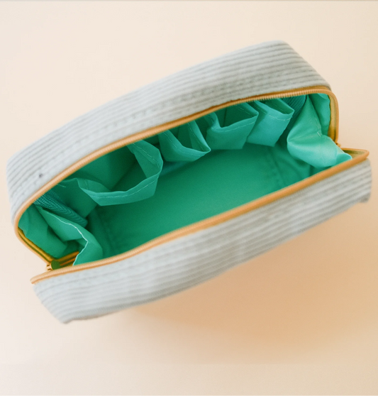 Trousse à maquillage en velours côtelé Fleurs, bleu ciel