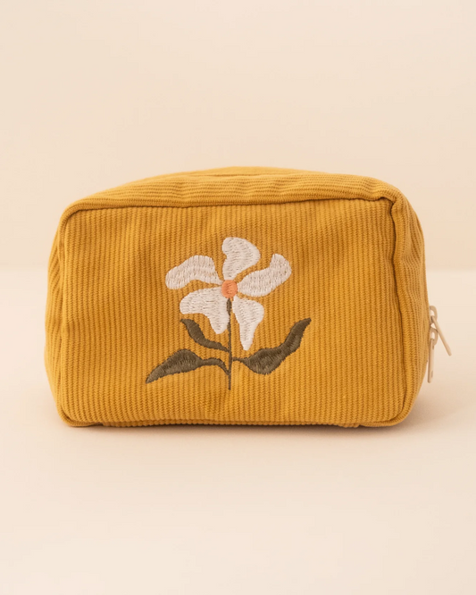 Trousse à maquillage en velours côtelé Fleur, jaune