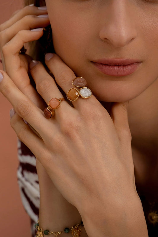 Bague Idrissa - Agate blanche, quartz fraise et labradorite