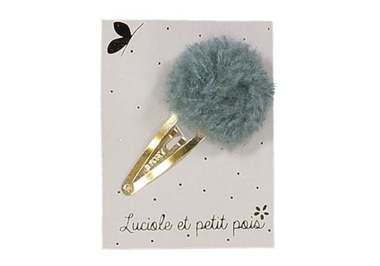 Barrette pompon laine bleu gris