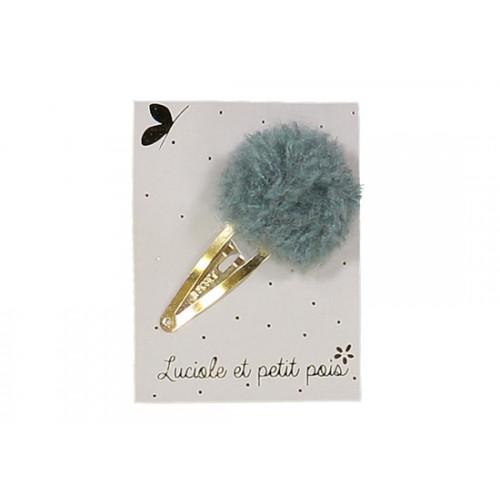 Barrette pompon laine bleu gris