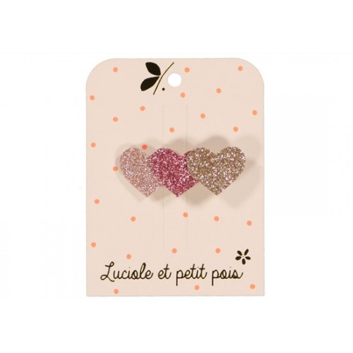 Barrette 3 cœurs - glitter multi rose