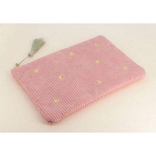 Pochette velours cotelé - Etoiles et lune, rose