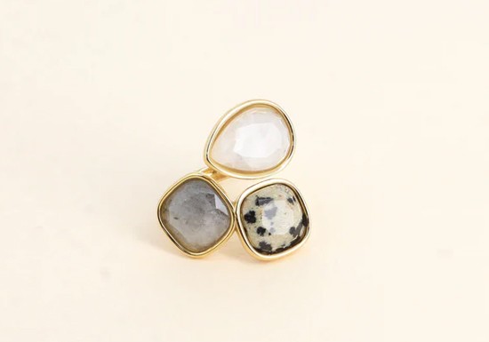 Bague Idrissa - Agate blanche, Jaspe dalmatien et Labradorite